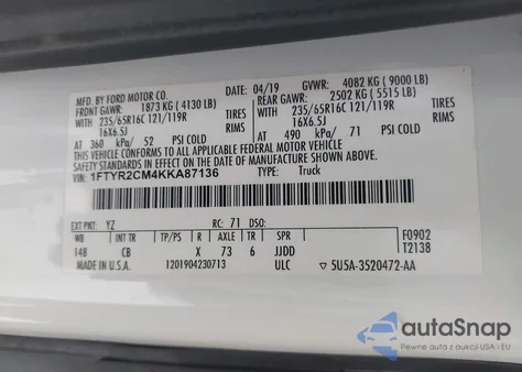 2019 Ford Transit-250 из США, поврежденный, VIN 1FTYR2CM4KKA87136